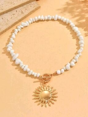 Gold Sun Pendant Beaded Necklace - White Beads